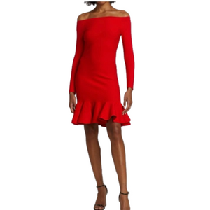 Oscar de la Renta Red Off-Shoulder Ruffle Hem Dress